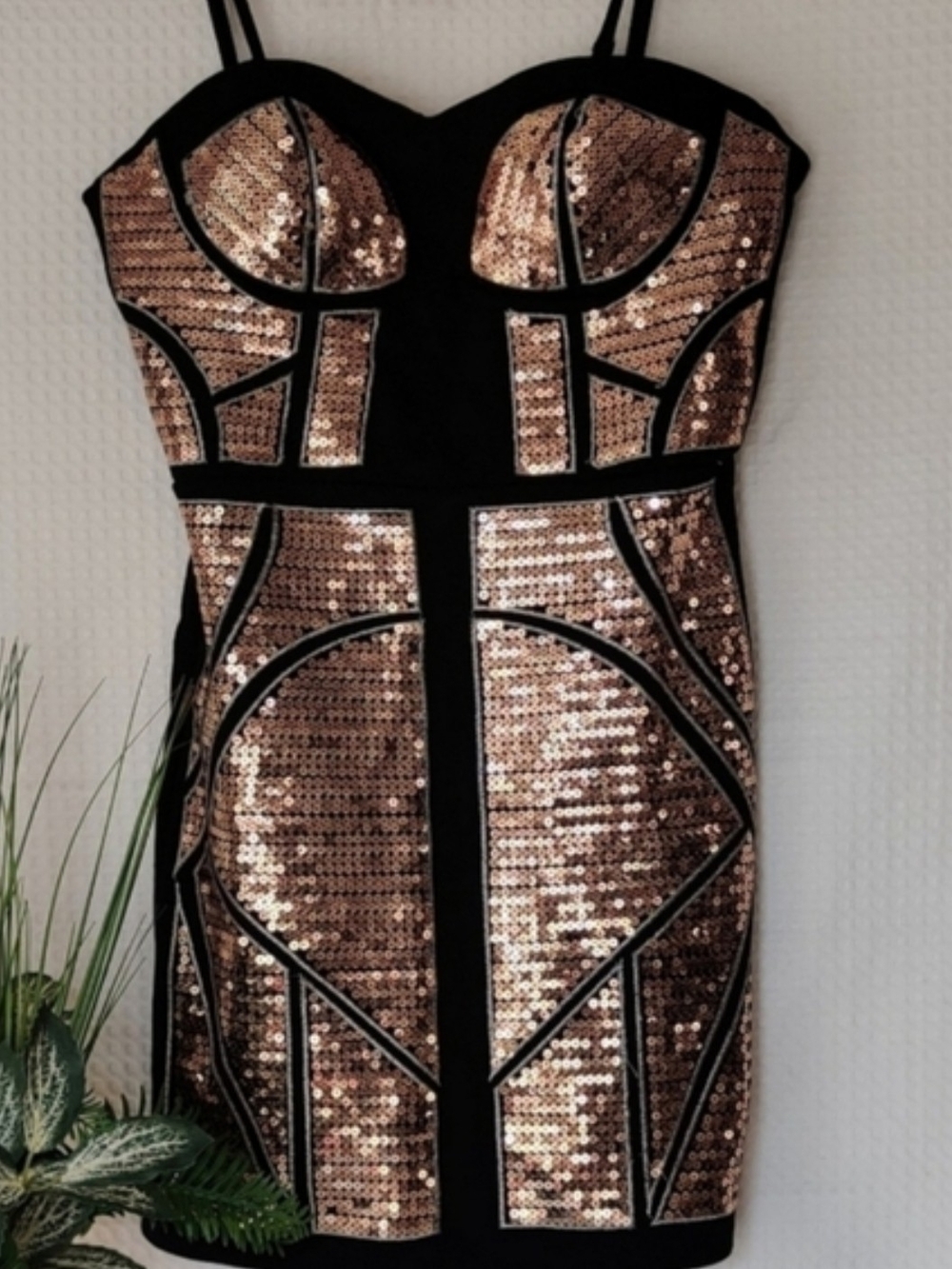 REBBERRY Spaghetti Straps Black With Gold Sequence Mini Dress Size Small